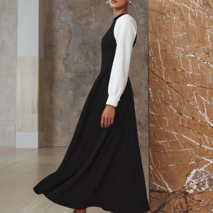 Contrast-Sleeve Pleated Midi Dress
