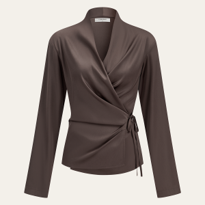 Satin Wrap-Front Long-Sleeve Top