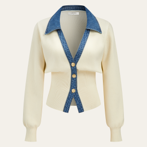 Denim Collar Metal Button V-Neck Knit Top