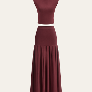 Mock Neck Sleeveless Top and Pleated Midi Skirt Set