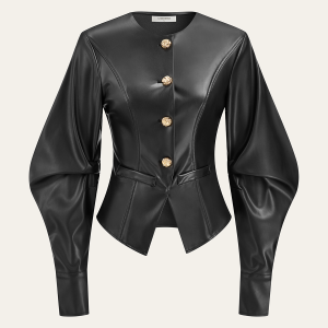 Metal Button Puffed Sleeve PU Leather Jacket