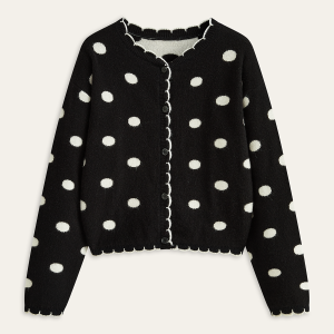 Scalloped Trim Polka Dot Knit Cardigan