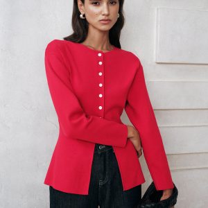 Button-Front Long Sleeve Knit Top