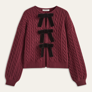 Velvet Bow Cable Knit Cardigan