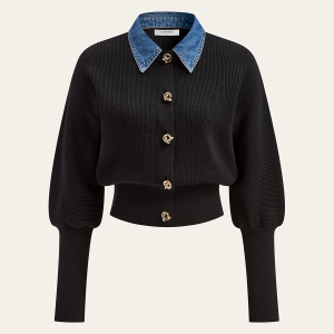 Wool Blend Denim Collar Puff Sleeve Cardigan