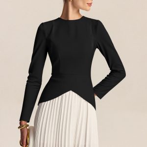 Long Sleeve Color-Block Pleated Dress