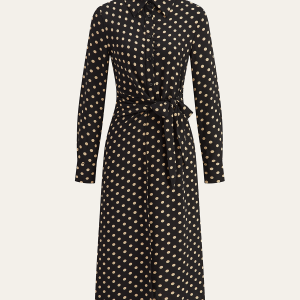 Polka Dot Shirt Collar Belted Long Sleeve Dress