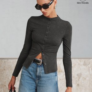 Mock Neck Button Long Sleeve T-Shirt