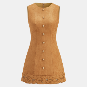 Suede Effect Floral Embroidered Sleeveless Mini Dress