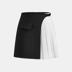 Color-Block Pleated Decor Pocket Mini Skirt