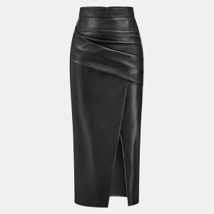 Ruched Slit PU Leather Midi Skirt