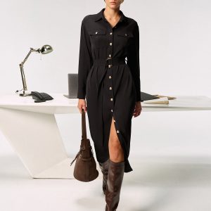 Metal Button-Front Belted Shirt Dress