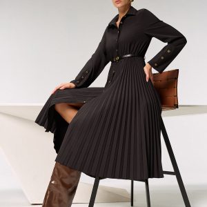 Metal Button Belted Pleated Shirt Dress