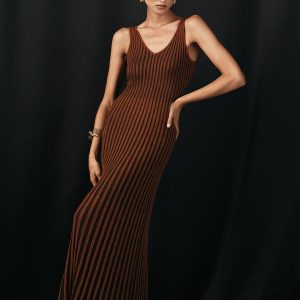 Wool Blend Striped Knit V-Neck Midi Dress