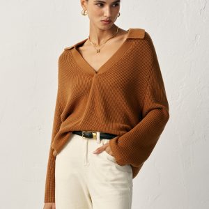 Wool Blend Polo Collar V-Neck Sweater