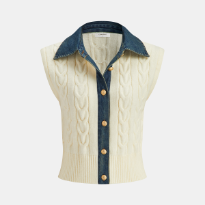 Denim Paneled Cable Knit Sleeveless Vest