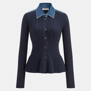 Denim Collar Cable Knit Button-Front Peplum Cardigan