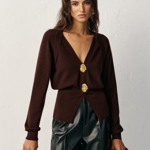 Metal Detail V-Neck Wool Blend Sweater