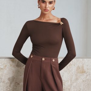 Metal Detail Asymmetric Neckline Bodysuit