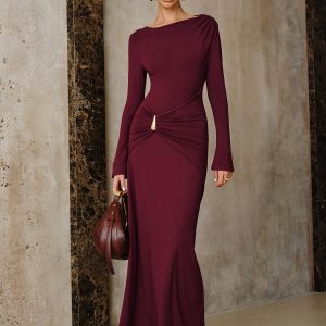 Metal Buckle Long Sleeve Ruched Maxi Dress