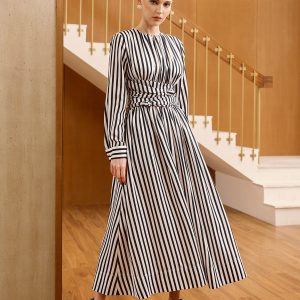 Striped Ruched Long Sleeve Maxi Dress