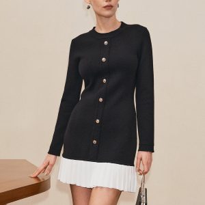 Long Sleeve Pleated Hem Sweater Dress