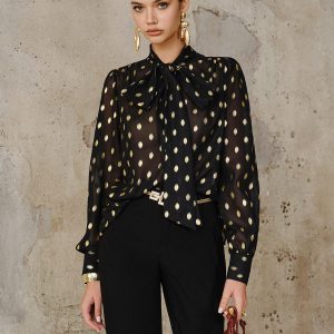 Polka Dot Bow Neckline Semi-Sheer Blouse