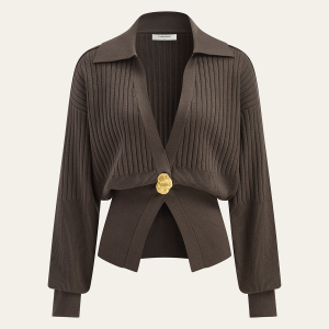 Ribbed Collared Metal Button Cardigan