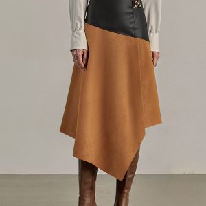 Faux Leather Paneled Suede Effect Asymmetric Midi Skirt