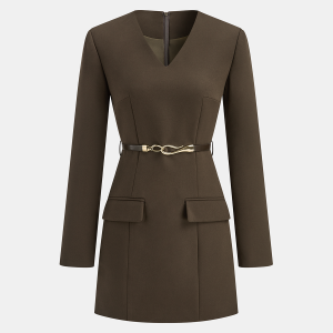 Belted V-Neck Tailored Dress