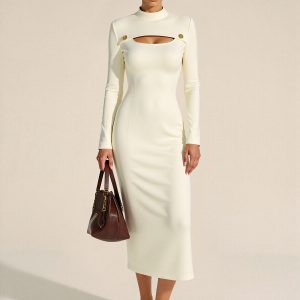 Stand Collar Long Sleeve Cut-Out Fitted Dress
