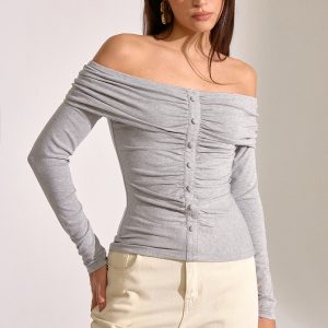 Off-Shoulder Ruched Long Sleeve T-Shirt