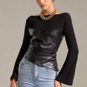 Flared Sleeve Faux Leather Panel Knit Top