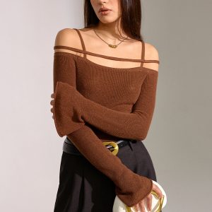 Flared Cuff Wool Blend Off-Shoulder Knit Top