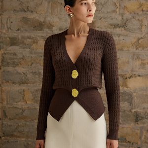 Metal Button V-Neck Cable Knit Outerwear