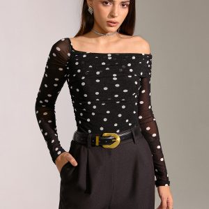 Semi-Sheer Mesh Polka Dot Ruched Off-Shoulder T-Shirt