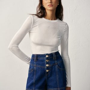 High-Waisted Button-Front Denim Short