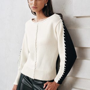 Contrast-Panel Stitch-Trim Knit Top