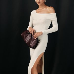 One Shoulder Wool Blend Knit Midi Slit Dress