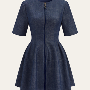 Denim Short Sleeved Zip-Front Mini Dress