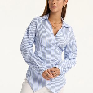 Striped Wrap Back Tie Shirt
