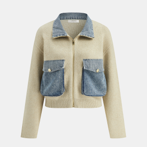 Denim Panel Zipper-Front Knit Cardigan