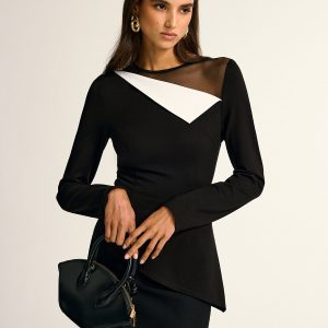 Mesh Neck Contrast Panel Asymmetrical Blouse