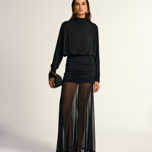 Turtleneck Long Sleeve Drape Ruched Mesh Dress