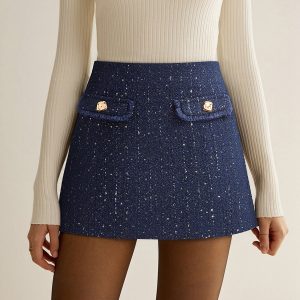 Sequin Tweed Mini Skirt with Decor Pocket