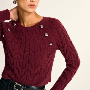 Metal Detail Cable Knit Round Neck Sweater
