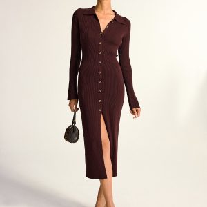 Metal Button Collar Ribbed Knit Midi Dress