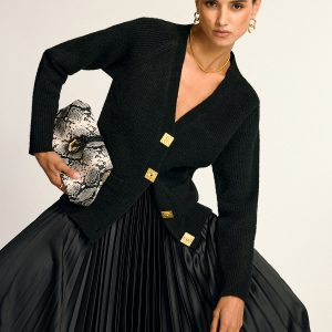 Metal Button V-Neck Wool Blend Cardigan
