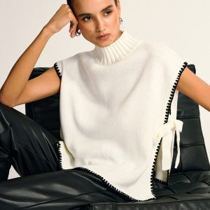 Contrast Trim Side Bow Mock Neck Sweater Vest