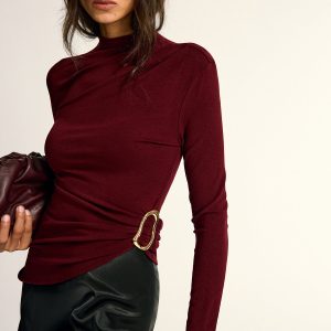 Metal Buckle Asymmetric Mock Neck Blouse